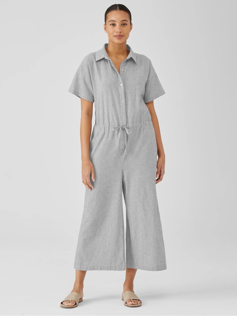 Eileen Fisher Light Gray‎ Button-Front Wide-Leg Jumpsuit